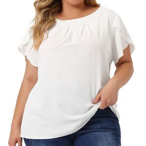 Plus Size Tops Women Round Neck Basic Pleated Top Tulip Sleeves Blouse White